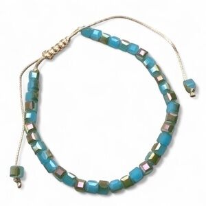 Cubic Boho Bracelet Iridescent Light Blue Tan Crystal Beaded Adjustable Length